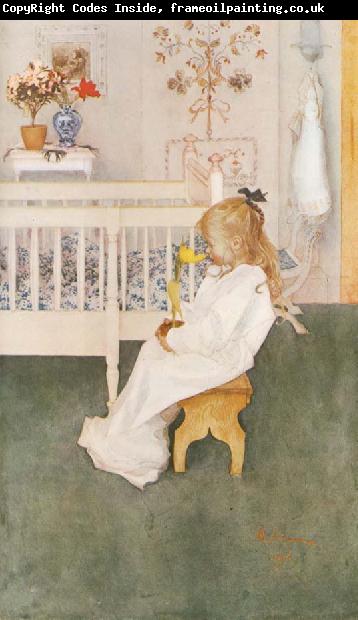 Carl Larsson Lisbeth in her night Dress with a yellow tulip